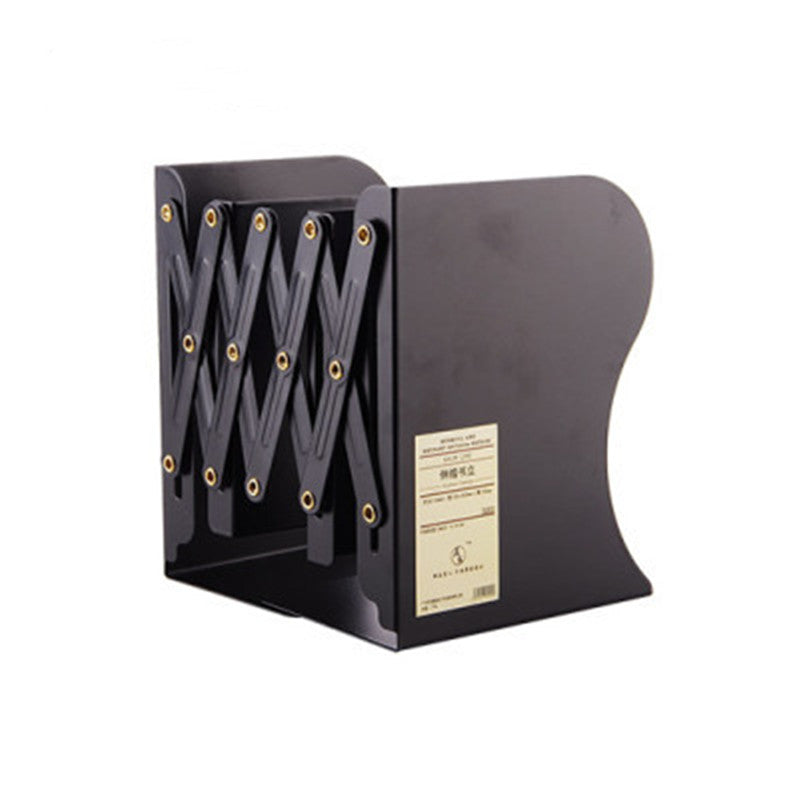 close up of retractable metal desktop bookend organizer for small desk organization