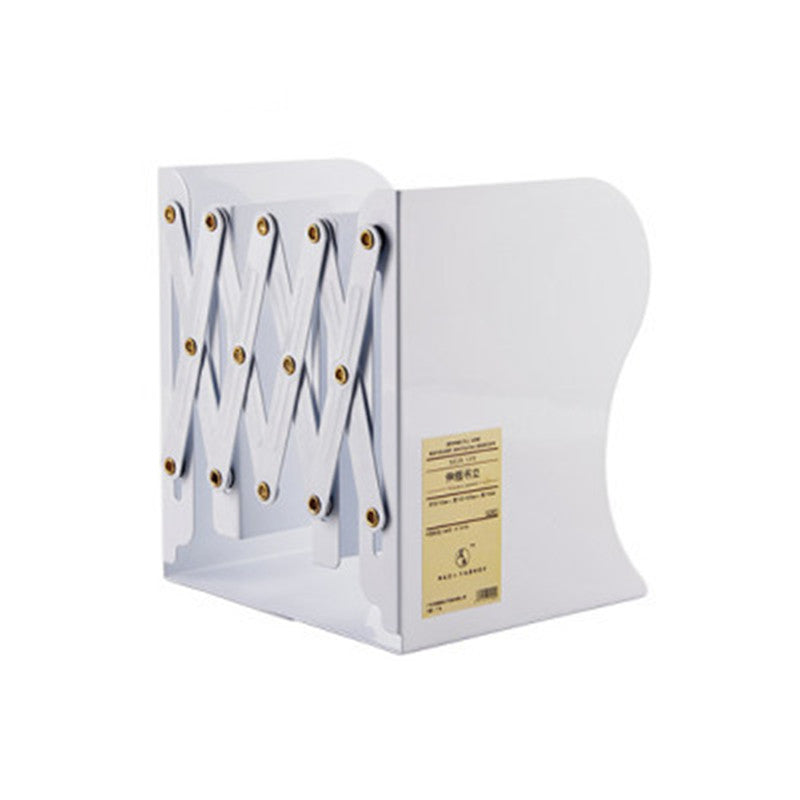 retractable metal desktop bookend organizer on a clean desk setup
