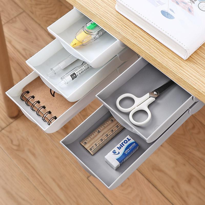 no-drill under desk drawer organizer on a clean desk setup