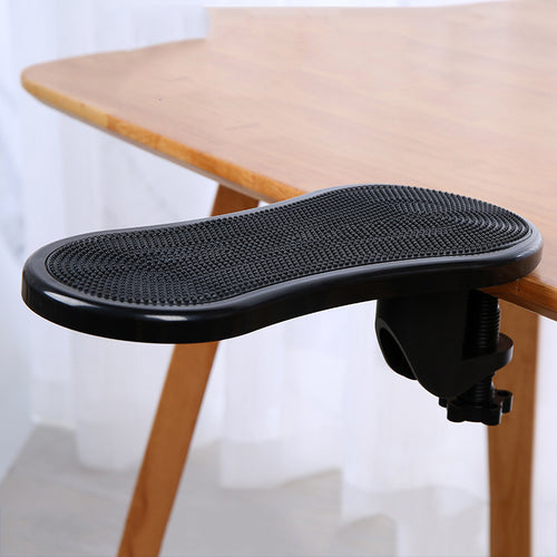 close up of clamp-on desk arm rest extender for mouse support for small desk organization
