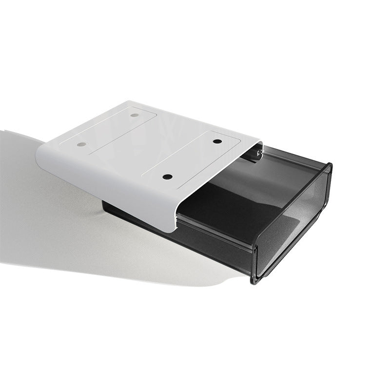 hidden under-desk drawer storage box on a clean desk setup