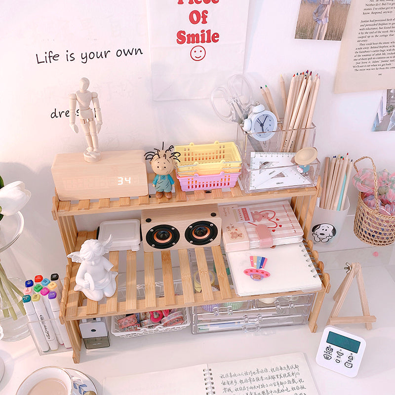 close up of two-tier desktop shelf organizer for small desks for small desk organization