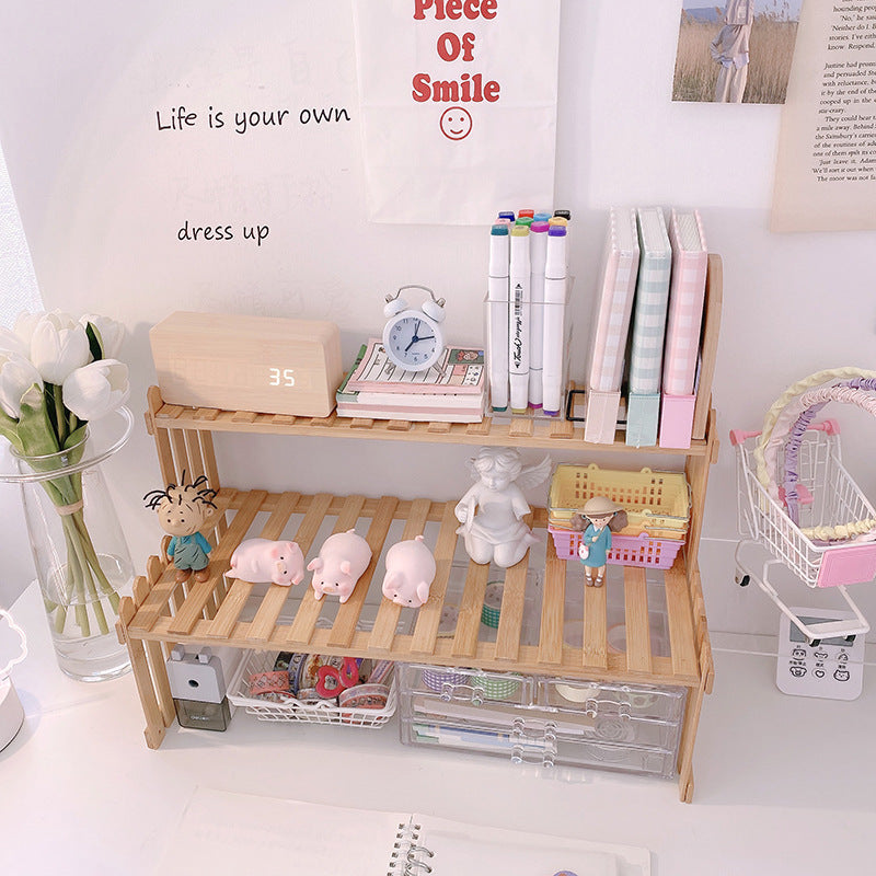 two-tier desktop shelf organizer for small desks on a clean desk setup