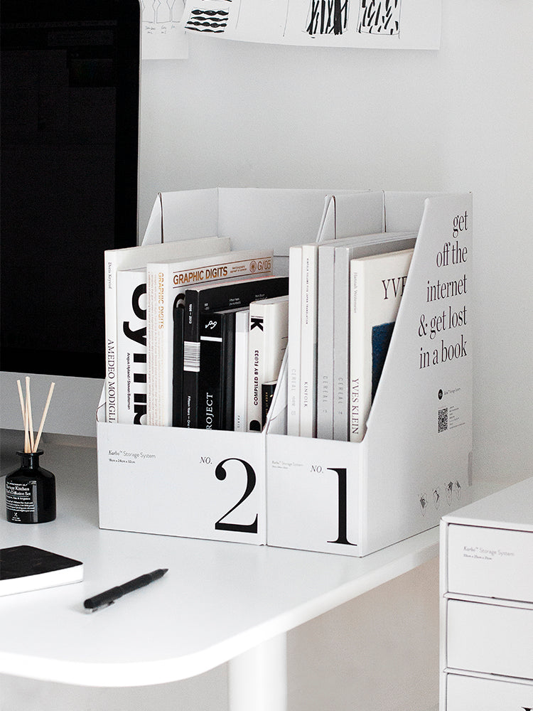 desktop file rack and book organizer for small desks used in a home office workspace