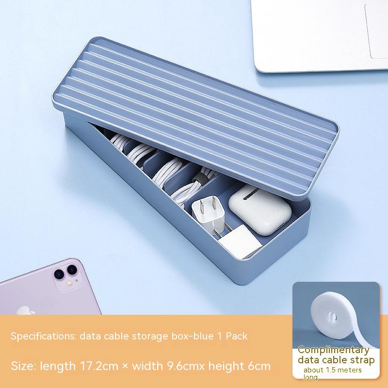 clear covered cable storage box for chargers on a clean desk setup