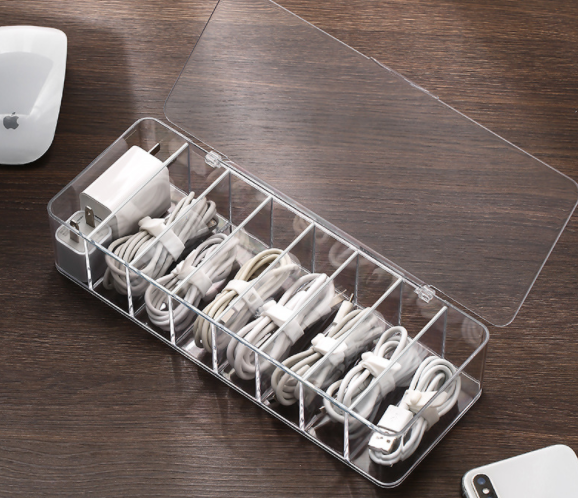 close up of dust-proof cable management box for power hubs for small desk organization