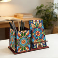 patterned desk organizer box for pens and small supplies on a clean desk setup