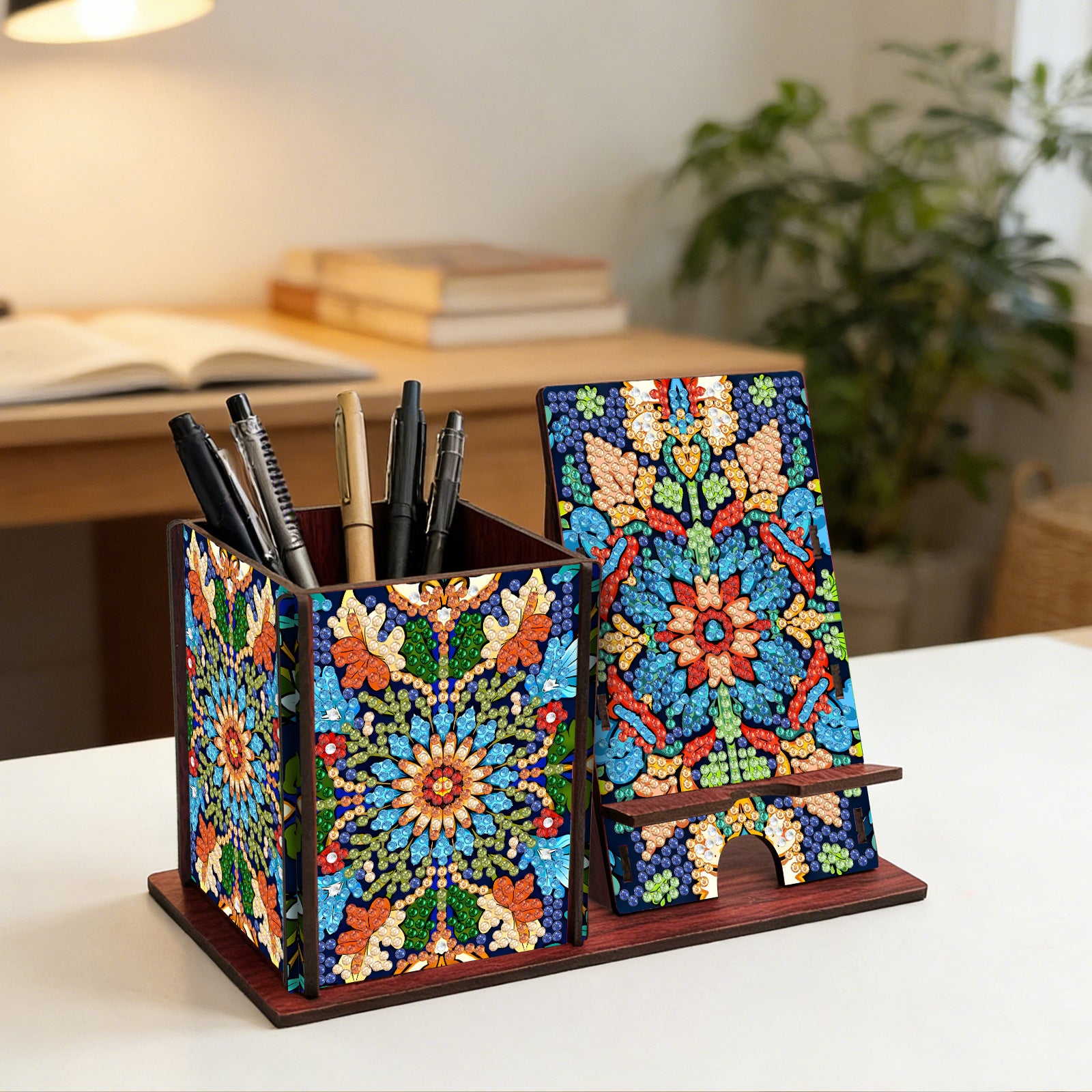 patterned desk organizer box for pens and small supplies on a clean desk setup