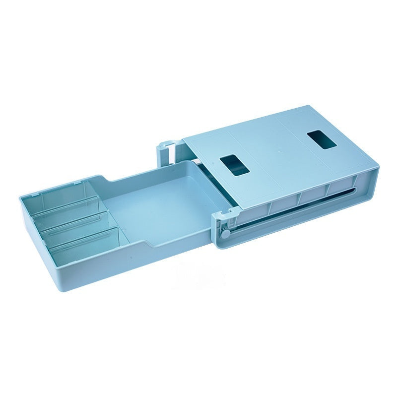 sliding under-desk storage drawer on a clean desk setup