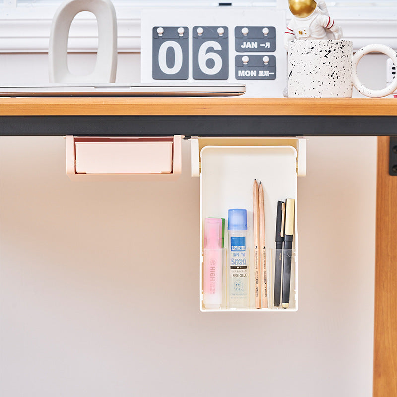 close up of sliding under-desk storage drawer for small desk organization