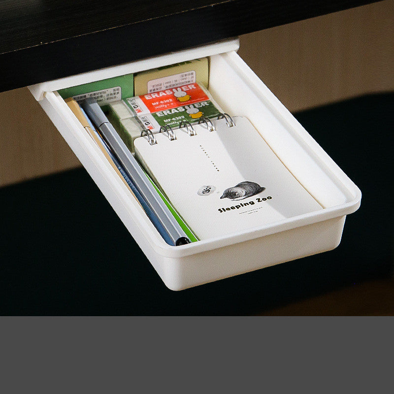 transparent under desk drawer organizer for small supplies used in a home office workspace