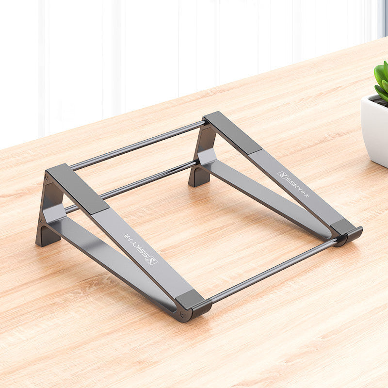 close up of portable aluminum laptop stand for desk setup for small desk organization