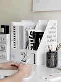 desktop file rack and book organizer for small desks on a clean desk setup