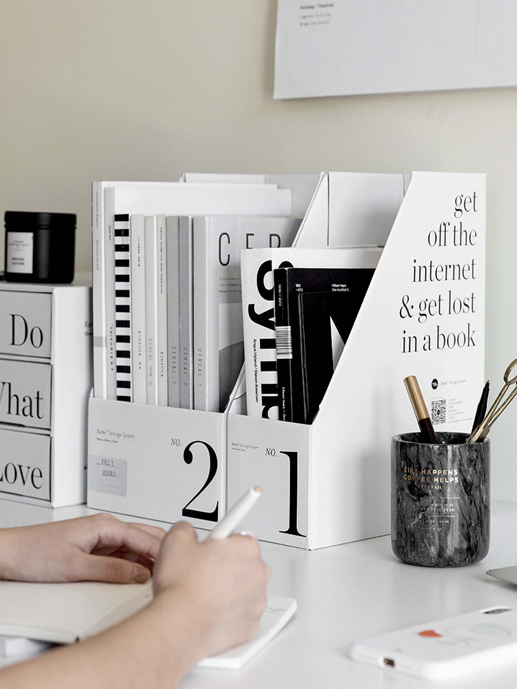 desktop file rack and book organizer for small desks on a clean desk setup