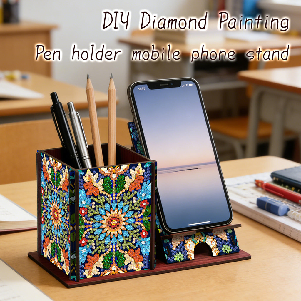 patterned desk organizer box for pens and small supplies used in a home office workspace
