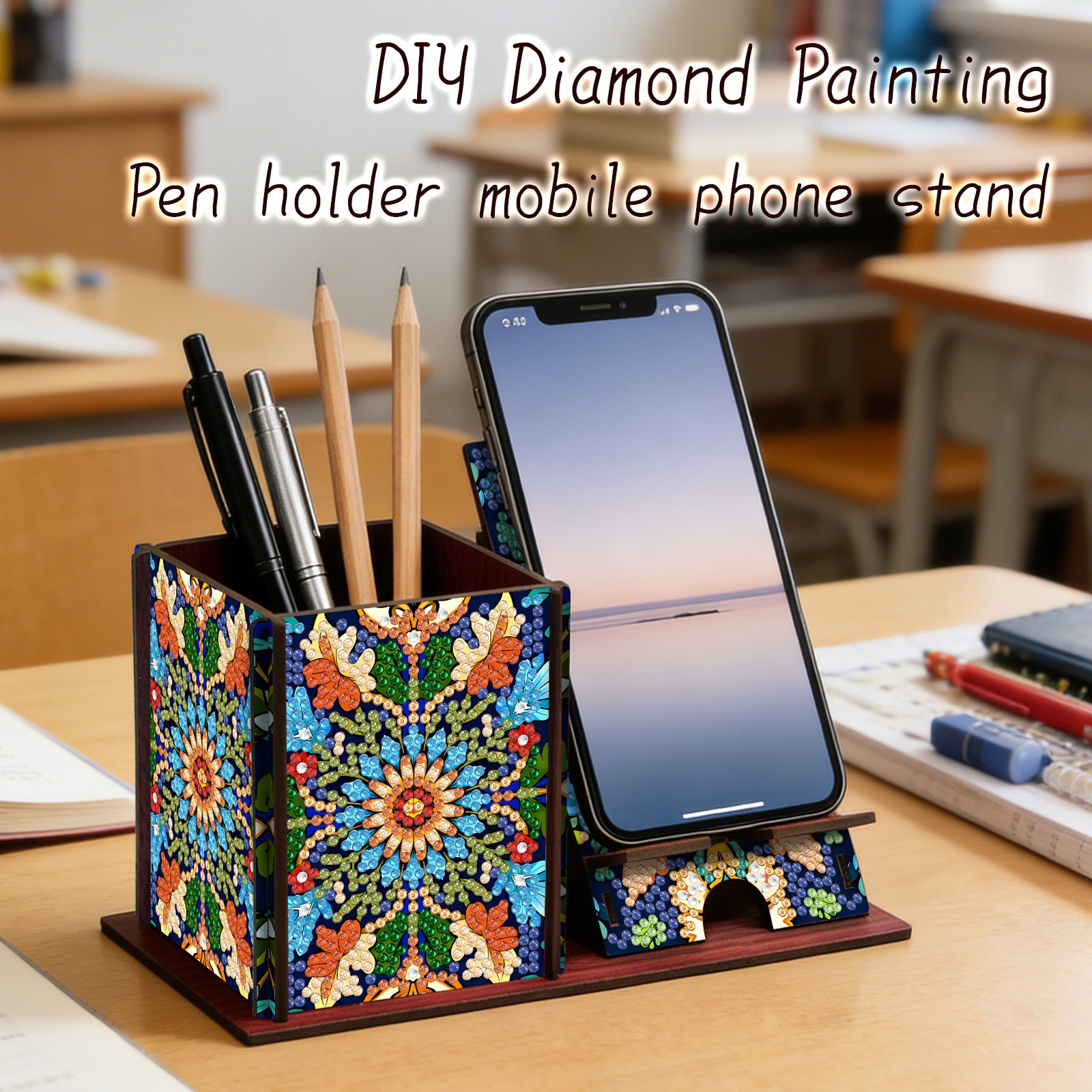 patterned desk organizer box for pens and small supplies used in a home office workspace