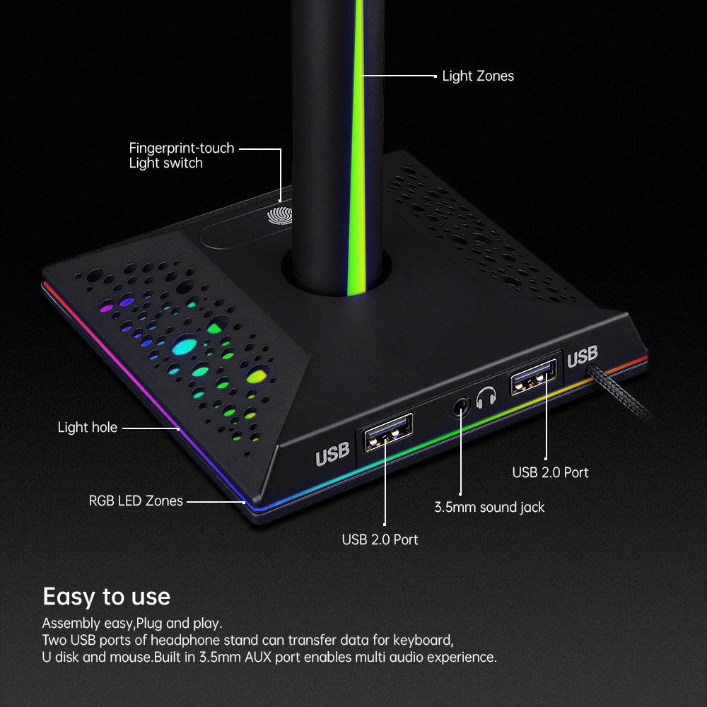 rgb headphone stand with dual usb ports product view