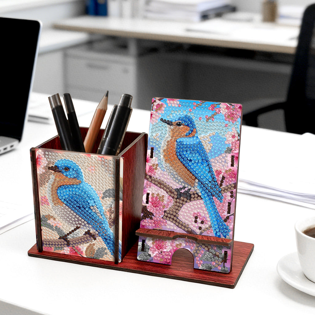 close up of patterned desk organizer box for pens and small supplies for small desk organization