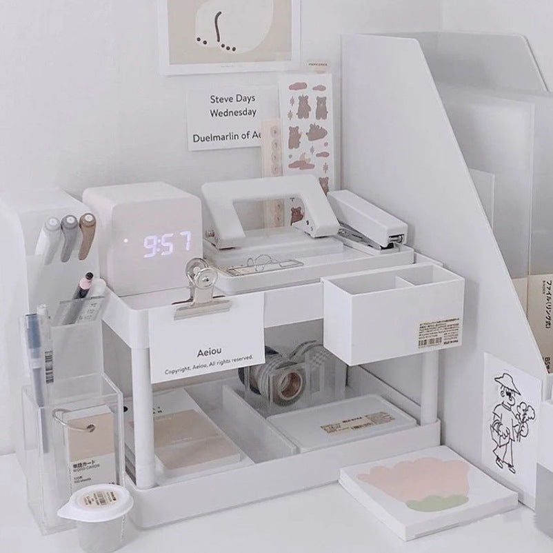 desktop shelf organizer for small desk storage on a clean desk setup