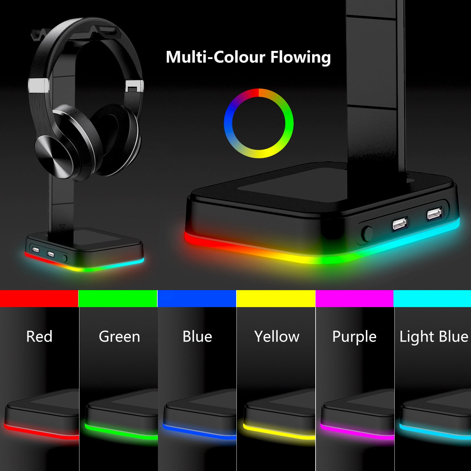 rgb headphone stand with usb charging ports product view