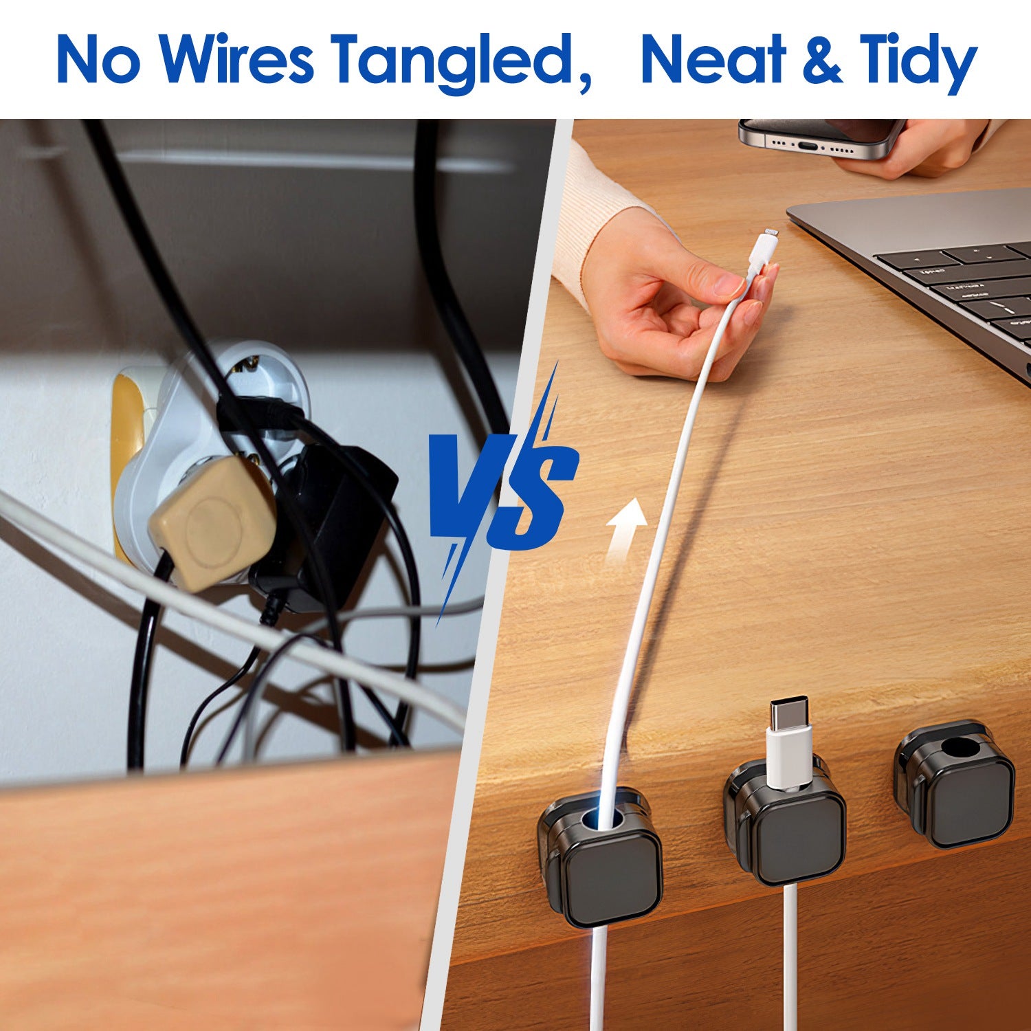 magnetic cable clips organizing cables on a desk