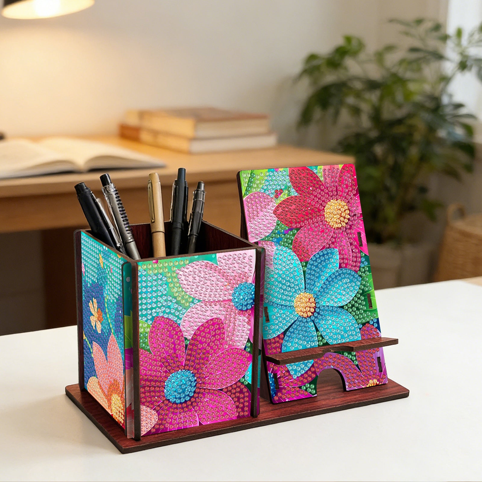 patterned desk organizer box for pens and small supplies for dorm room or study desk