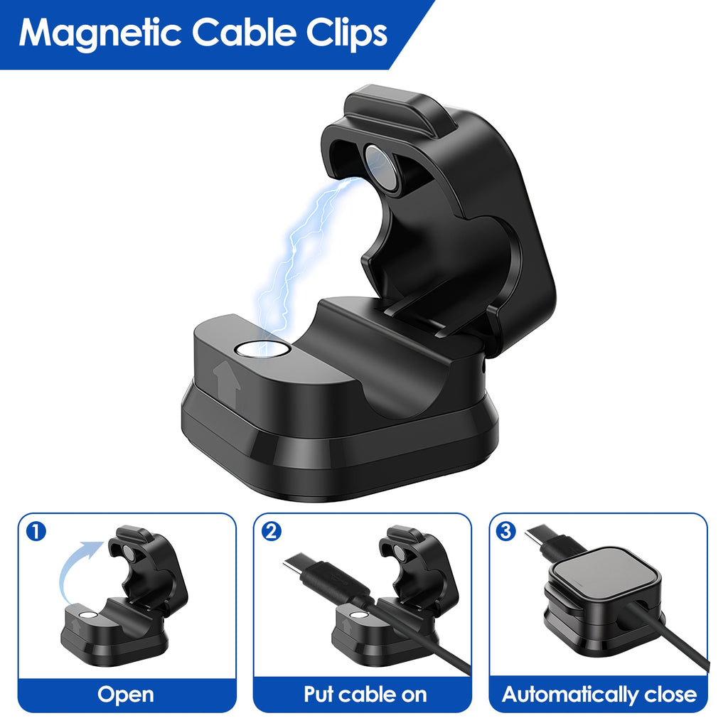 close up of magnetic cable clips for small desk organization