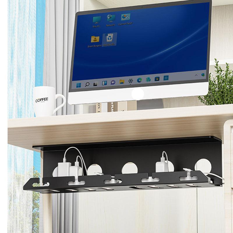close up of under desk cable tray for small desk organization