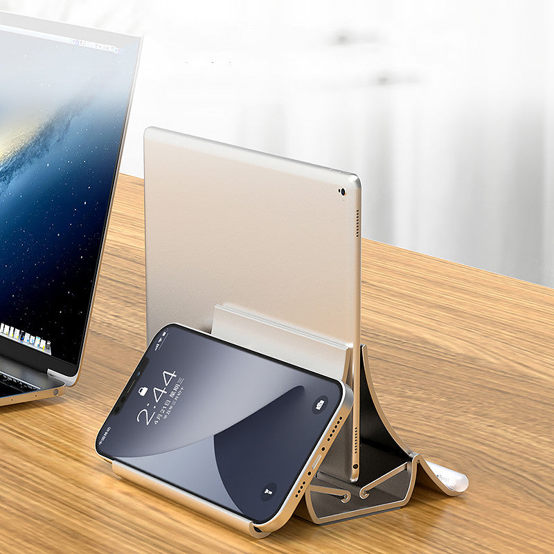 close up of vertical laptop storage stand for desk for small desk organization