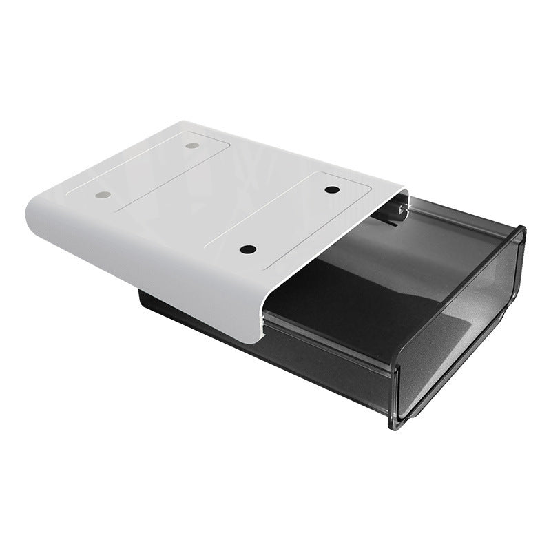 hidden under-desk drawer storage box used in a home office workspace