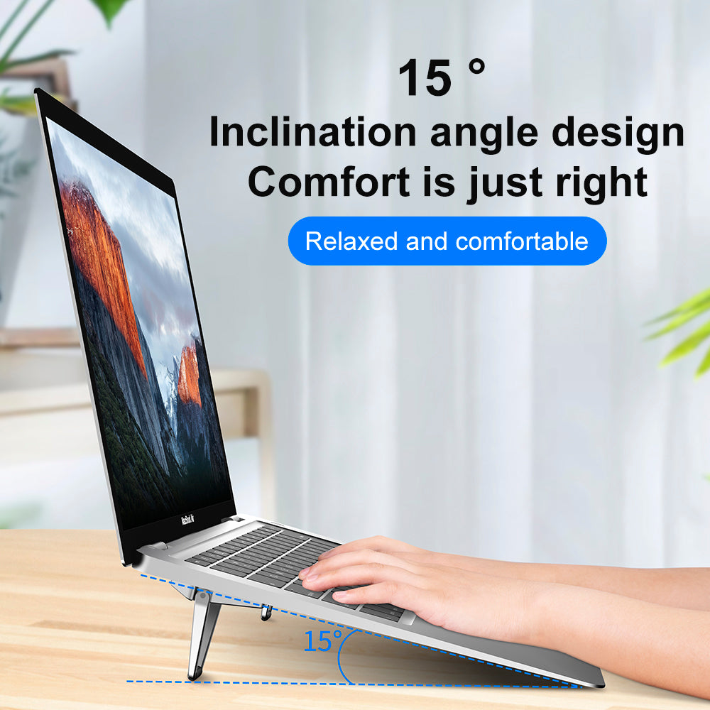 laptop stored upright in a desk stand