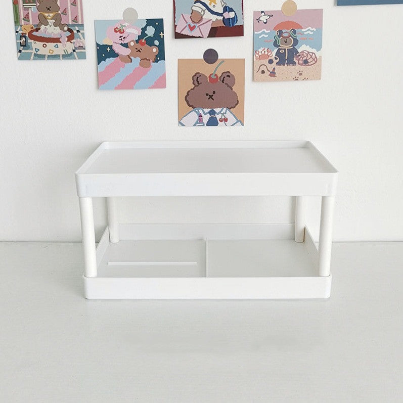 double-layer desktop stationery organizer used in a home office workspace