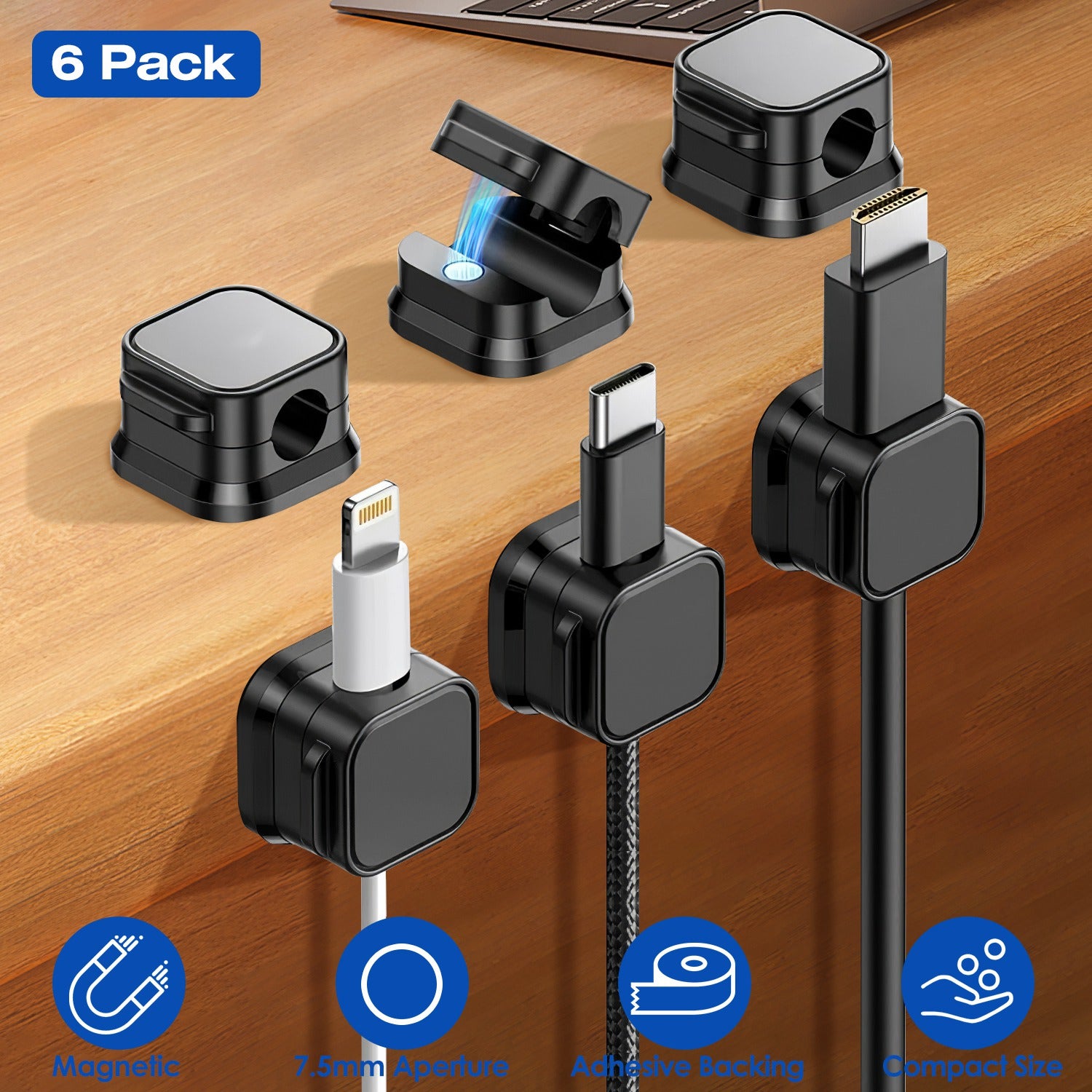 magnetic cable clips organizing cables on a desk