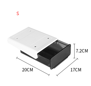 hidden under-desk drawer storage box detail for desk setup