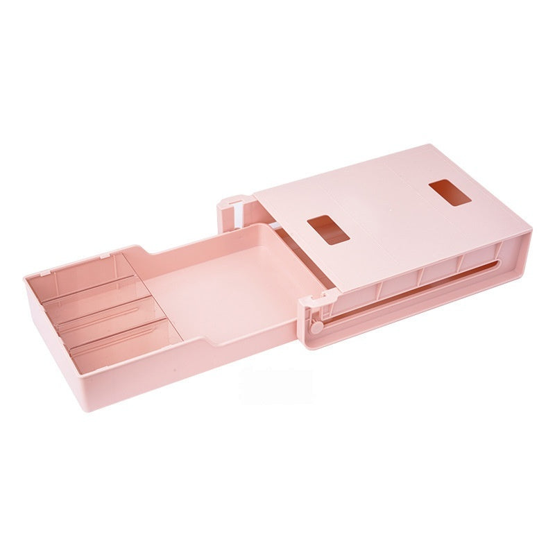 sliding under-desk storage drawer detail for desk setup