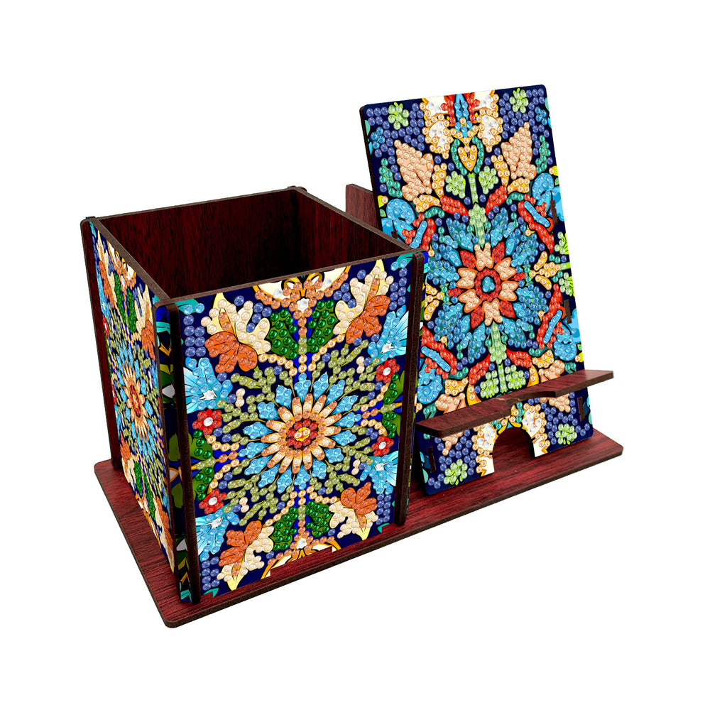 patterned desk organizer box for pens and small supplies detail for desk setup